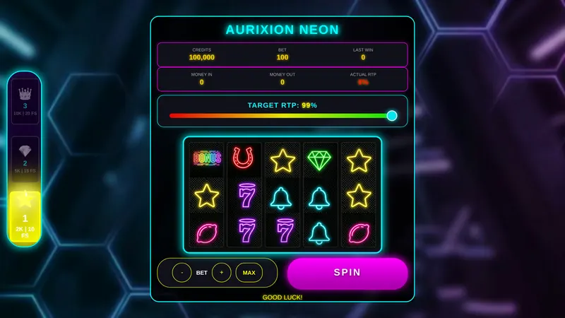 Real screenshot of Aurixion Neon, a neon-themed browser slot game