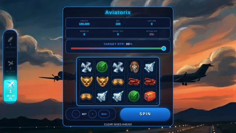 Real screenshot of Aviatorix, an aviation-themed browser slot game