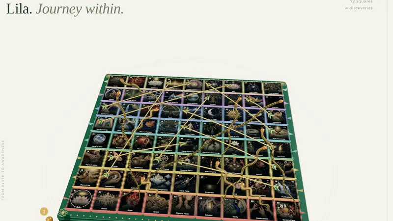 Real screenshot of Lila — the 72-square board of the Indian game of self-knowledge, playable at lilagame.app