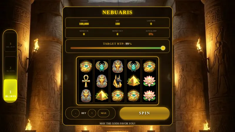 Real screenshot of Nebuaris, an Egyptian-themed browser slot game